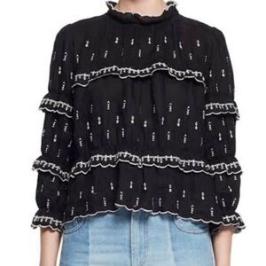 ISABEL MARANT ÉTOILE Daniela Boxy Embroidered Ruffle Blouse, Black